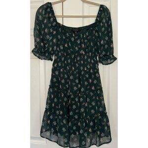 Trixxi Green Floral Babydoll Milkmaid Mini Dress Size Small Forest Fairy
